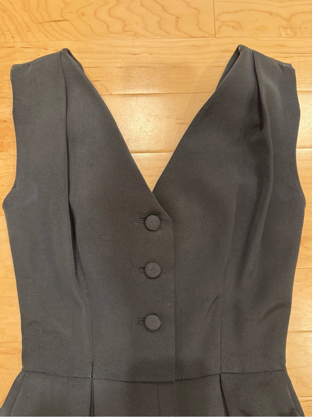 Vintage Black Button-Front V-Neck Midi Dress